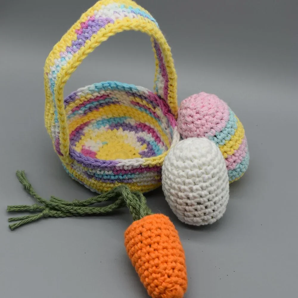 Hand Crafted Crochet Kitty Cat Easter Basket with Three Catnip Toys